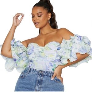 PrettyLittleThing Plus Floral Ruffle Bardot Crop Top NWT US 22